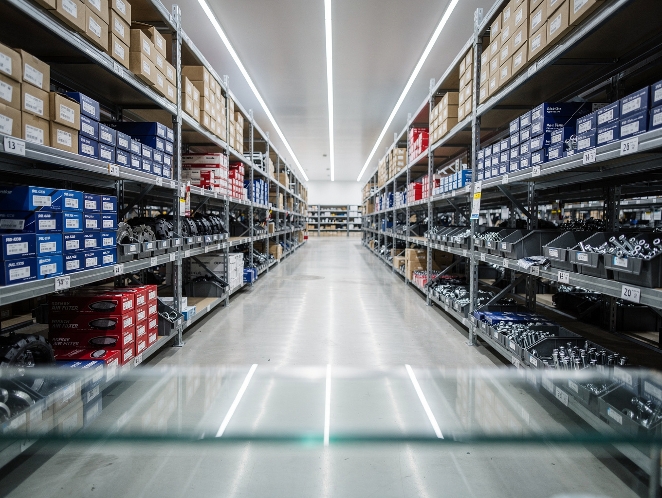 Warehouse shelving with boxed automotive fuel and emissions replacement parts